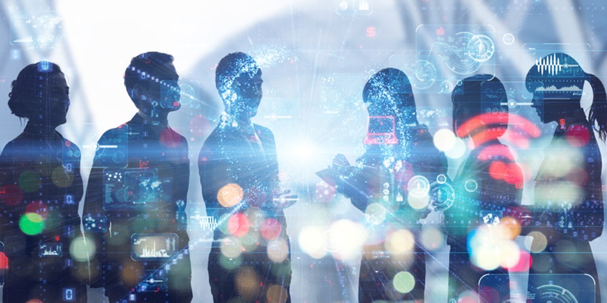 Group of people in silhouette and digital icos