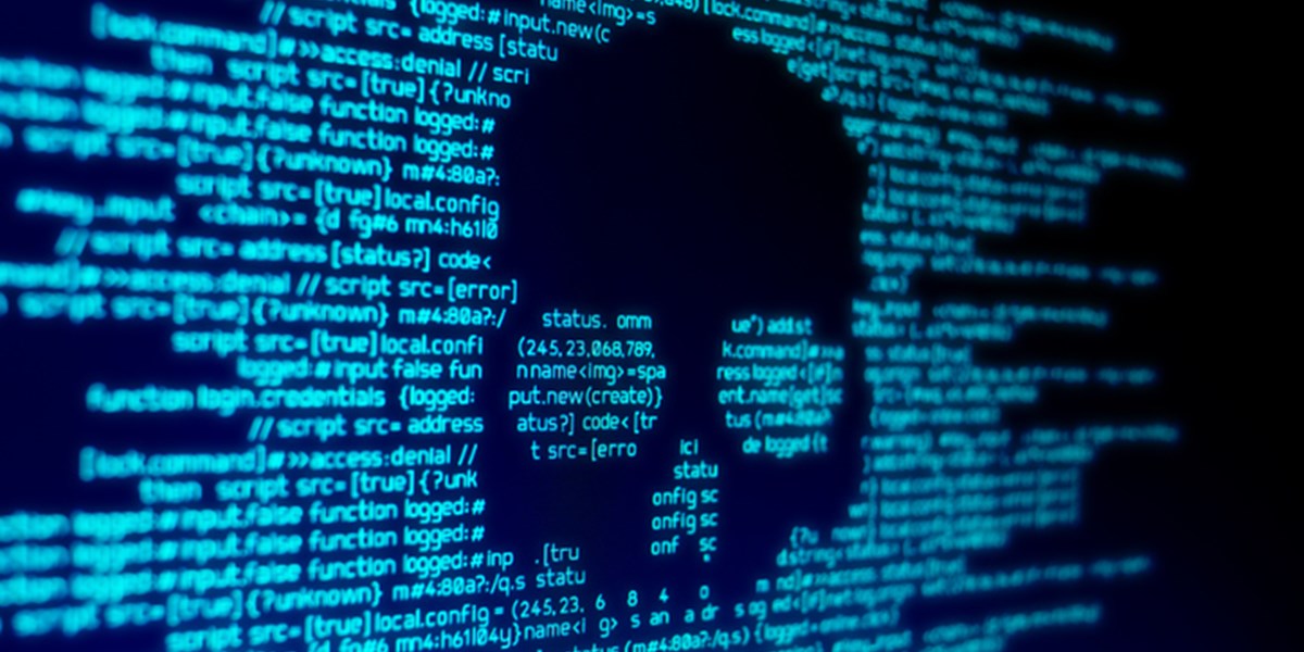 Skull amid binary code