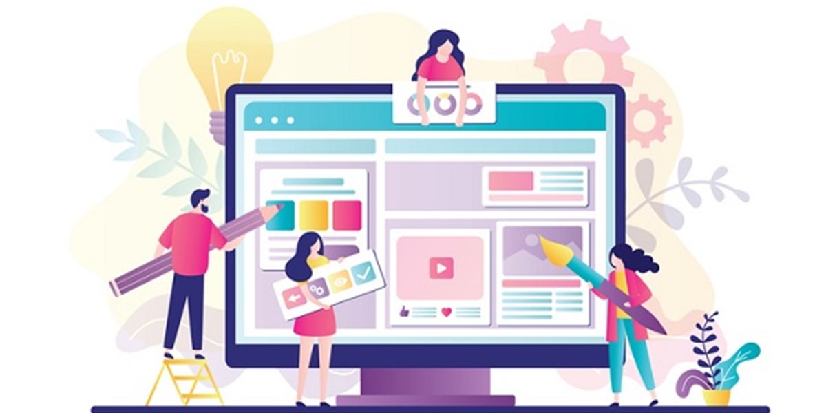 Drawing of people around giant computer screen