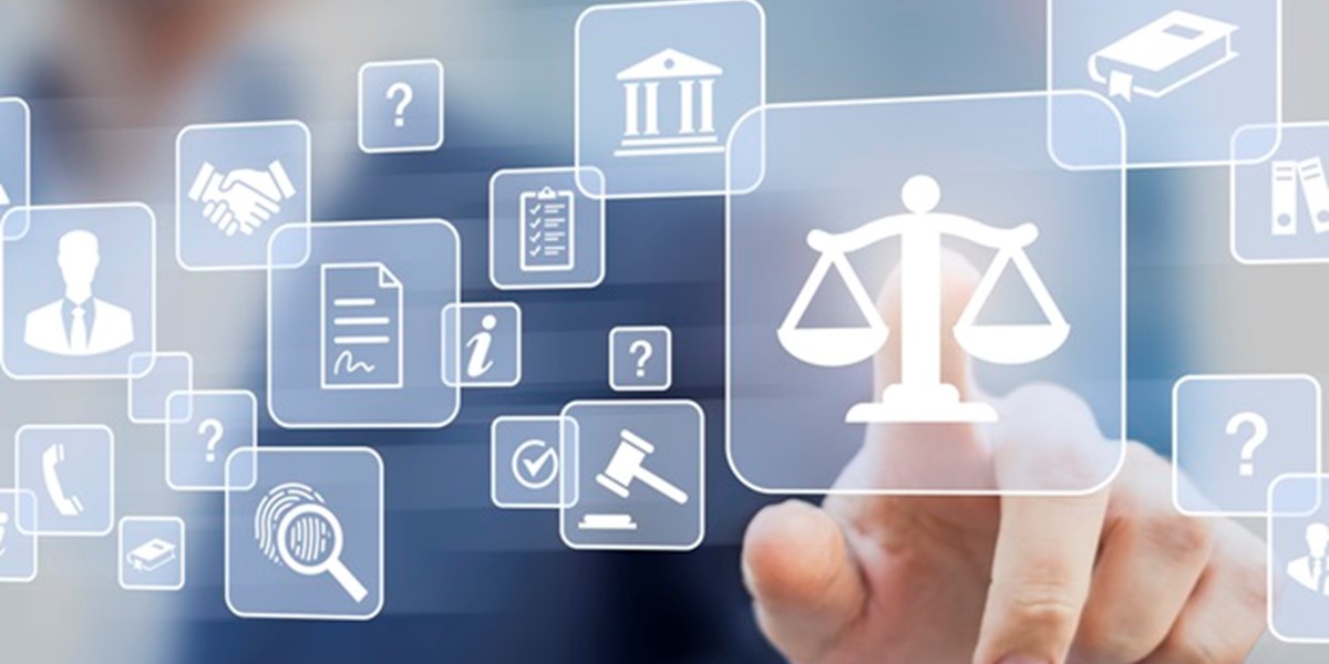 Finger pressing scales of justice icon on screen