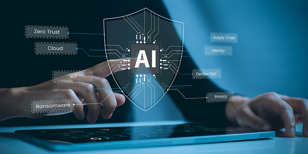AI cyber shield symbol over keyboard