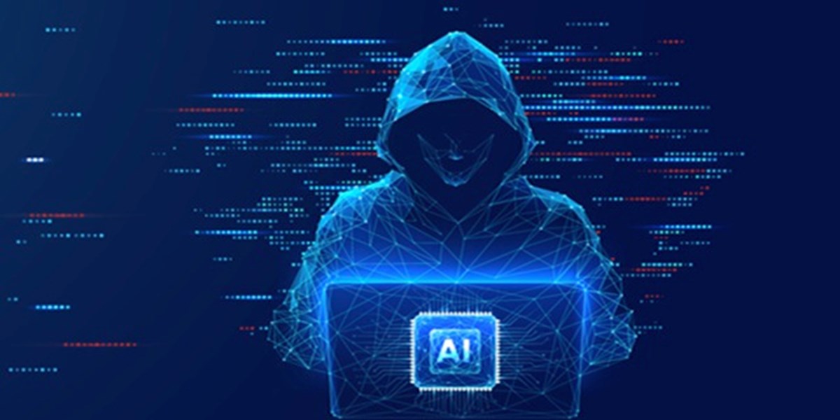 Figure in hoodie with AI on laptop