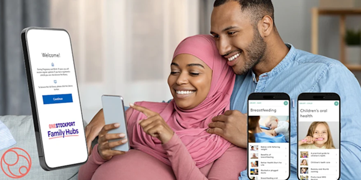 Young couple using the Family Hubs app
