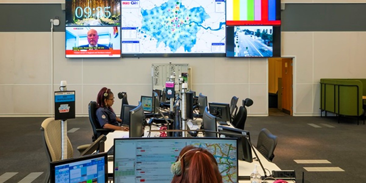Fire brigade control room with large screens