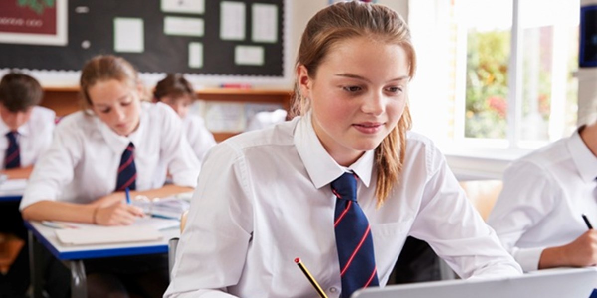 Schoolgirl in classroom at laptop